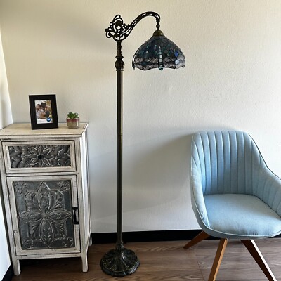 Tiffany Style Floor Lamp Blue Stained Glass Dragonfly Gooseneck