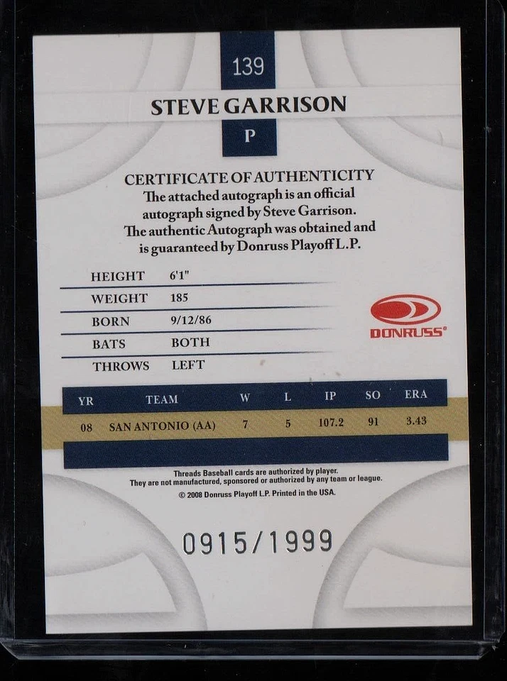 Steve Garrison (Padres) 2008 Donruss Playoff Rookie Threads Auto/1999 Mint+ - Image 2 of 2