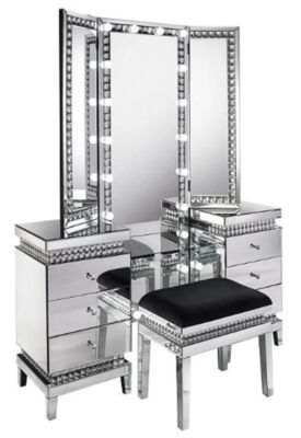 Glamorous Hollywood Full Body Mirror with Lights with Side cabients and Stool