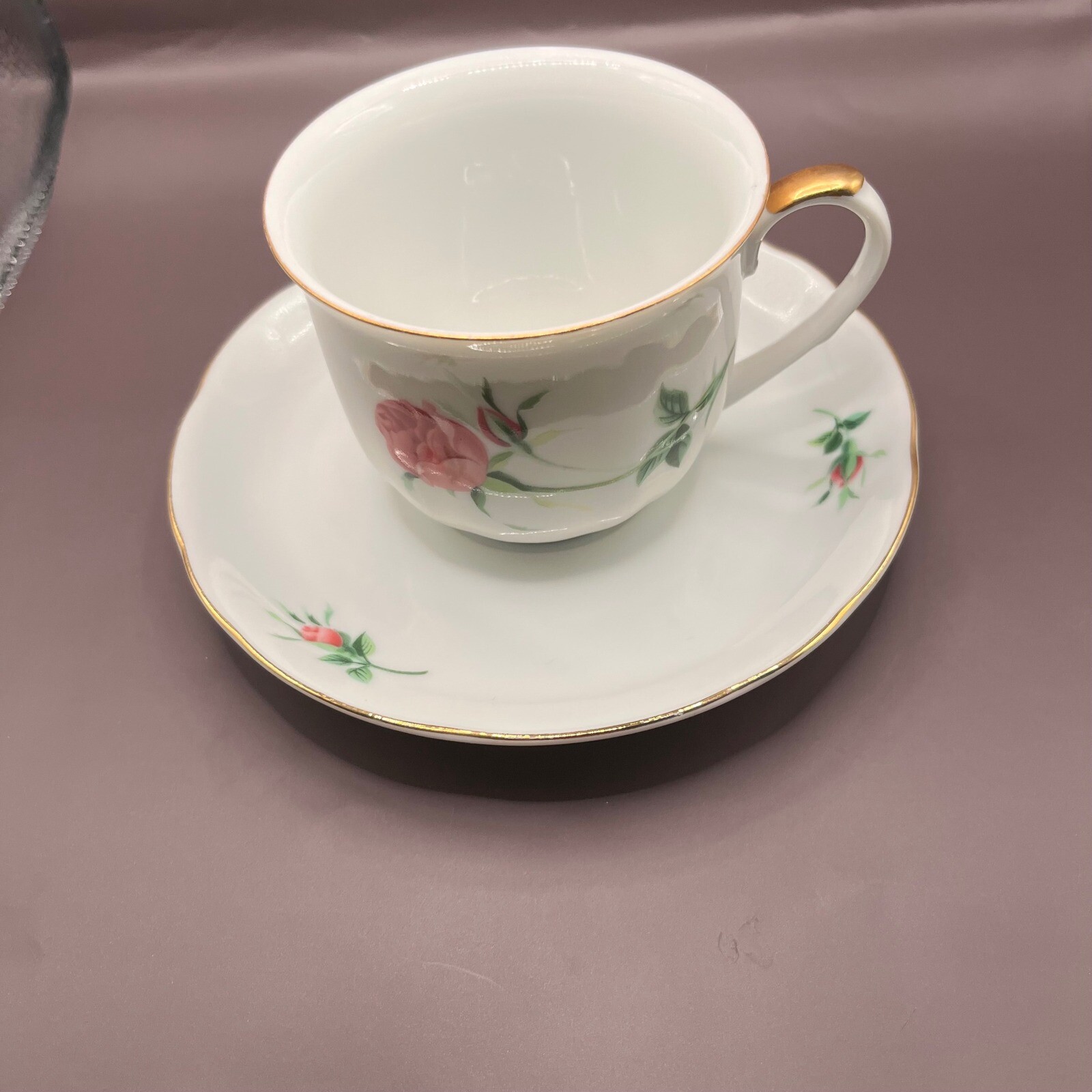 Floral Tea Cup and Saucer Set Gold Trimmed Delicate Porcelain