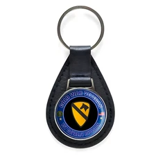 Cold War Veteran 1st Cavalry Division Black Leather Keychain Silver Keyring