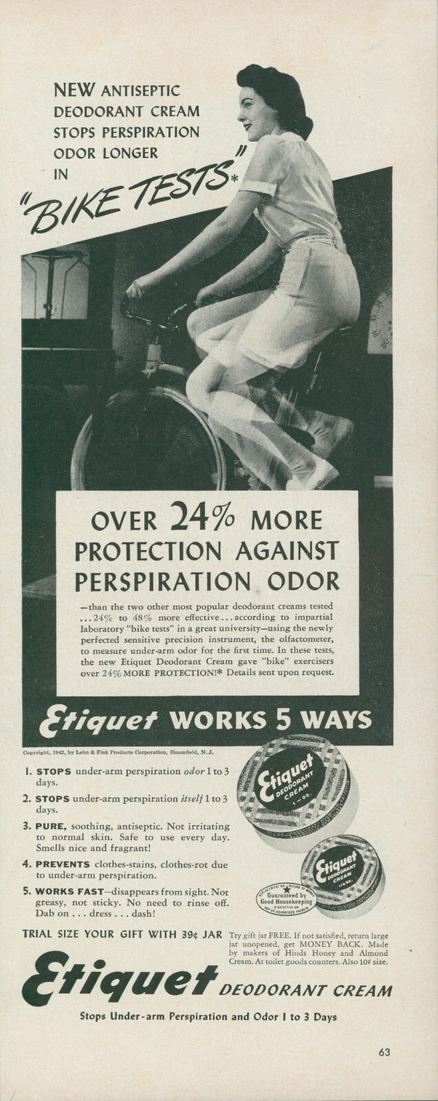 1942 Etiquet Deodorant Cream Bike Tests Stationary Bicycle Vintage Print Ad L24