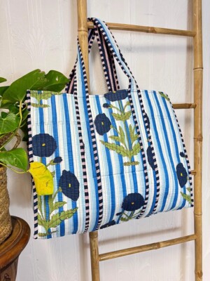 Indian Blue Floral Printed Quilt Shoulder Bag Women's Beach Cotton Handbag US