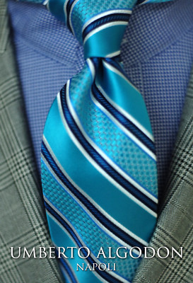 Umberto Algodon by Lord R Colton - Aqua & Pearl Stripe Woven Silk Necktie New