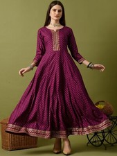 Indian Women BEAUTIFUL Maroon Rayon Ethnic Motifs Printed Anarkali Long Dress