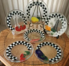 6 Peggy Karr Fused Glass Fruit Vegetable Checkered Salad Dessert Plates 7 3/4"