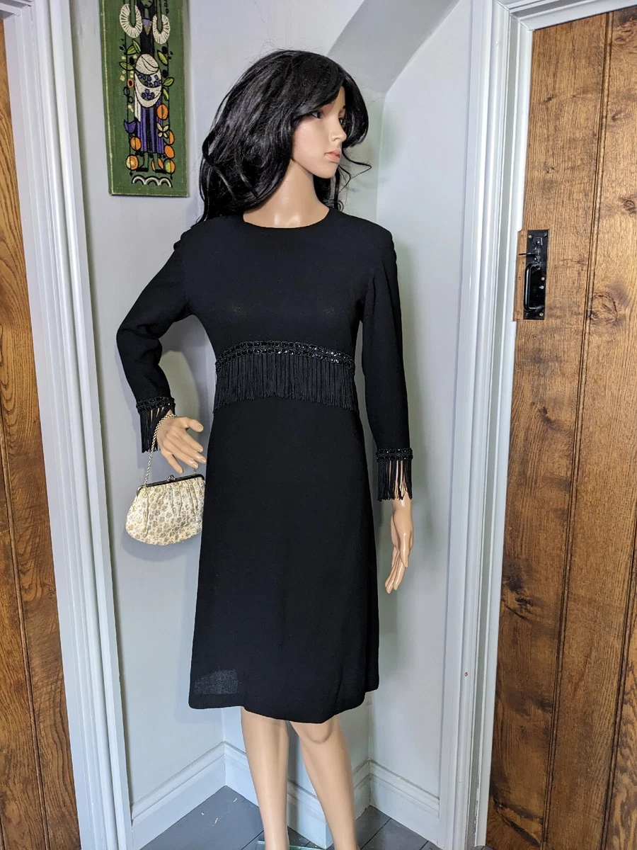 Vintage 60s Crepe Wool Fringed Tassel Flapper Shift Dress Jackie