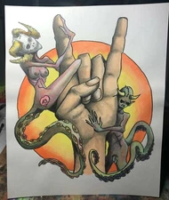 THE HORNS ORIGINAL GEORGE SILLIMAN WATERCOLOR AND PENCIL PAINTING HEAVY METAL