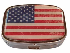 Vintage American Flag Small Daily Medication Pill Box Organizer Case for Pocket