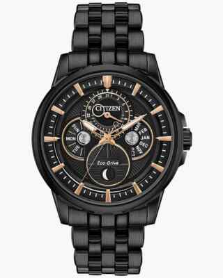NEW CITIZEN ECO DRIVE CALENDRIER MOON PHASE BLACK ION-PLATED WATCH BU0057-54E