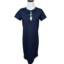 J Crew Dress Women’s Size XS Navy Blue Lace Up Front Short Sleeve Cotton Blend 