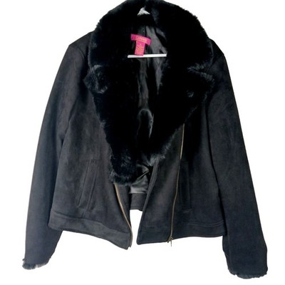 Catherine Malandrino Short Moto Jacket Womens XL Black Faux Fur Suede Biker