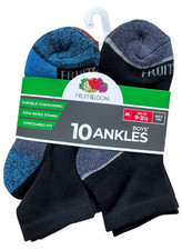 Boys Cushioned Ankle Socks - 10 Pair - Medium 9-2 1/2 - Black, Fruit of the Loom