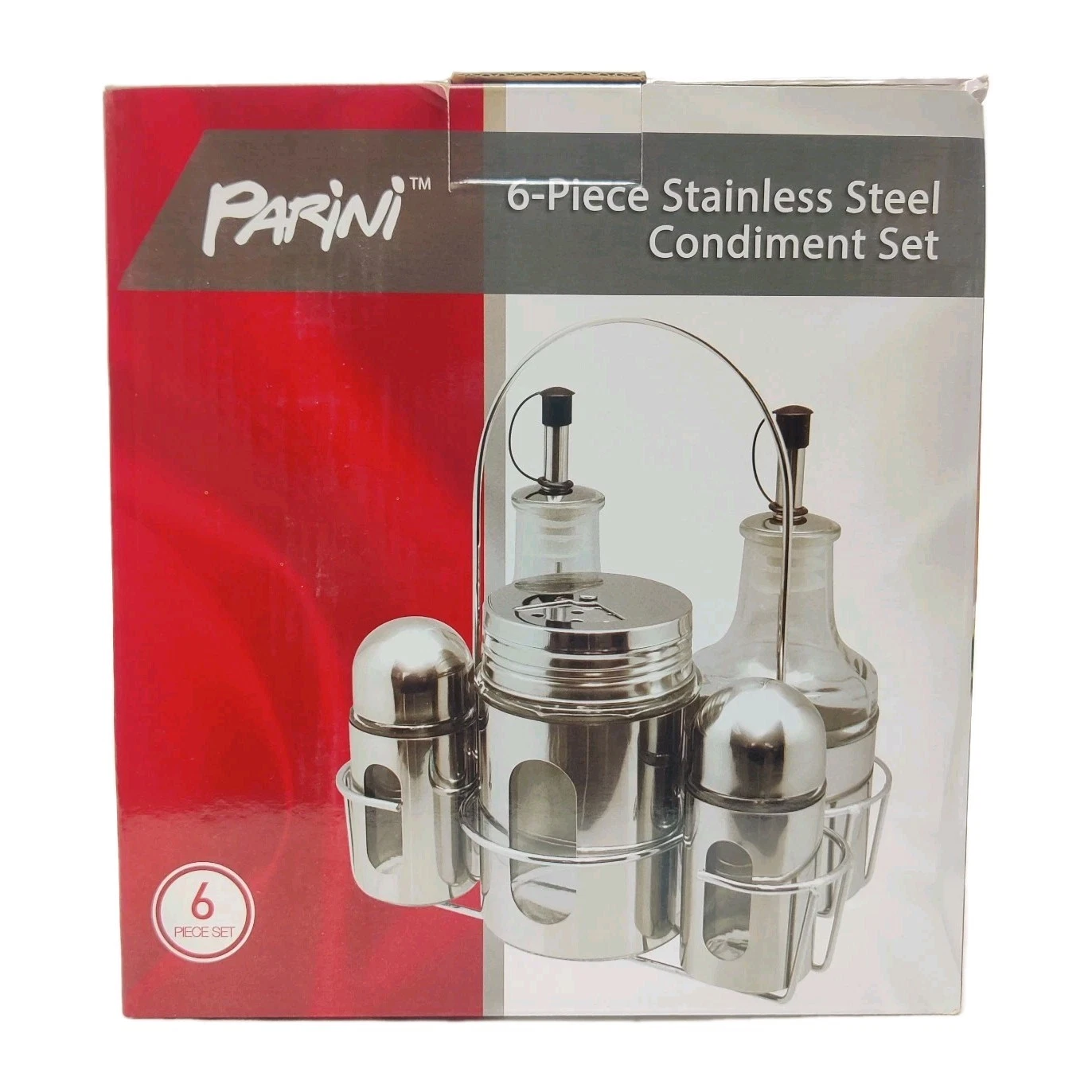 Parini Stainless Steel Glass Kitchen Condiment Caddy 6 Piece Set Carry Rack New
