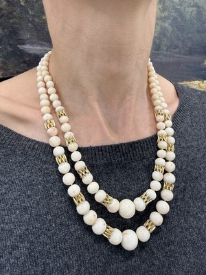VAN CLEEF & ARPELS NY 18k YG, Angel Skin Coral & Diamond Strand Necklace 1950s