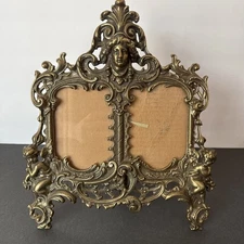 EUC Antique Victorian Rococo Baroque Brass Figural Cherub Double Picture Frame