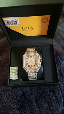 GRA Moissanite Iced Out Square Analog automatic Watch, Box & Papers, Silver