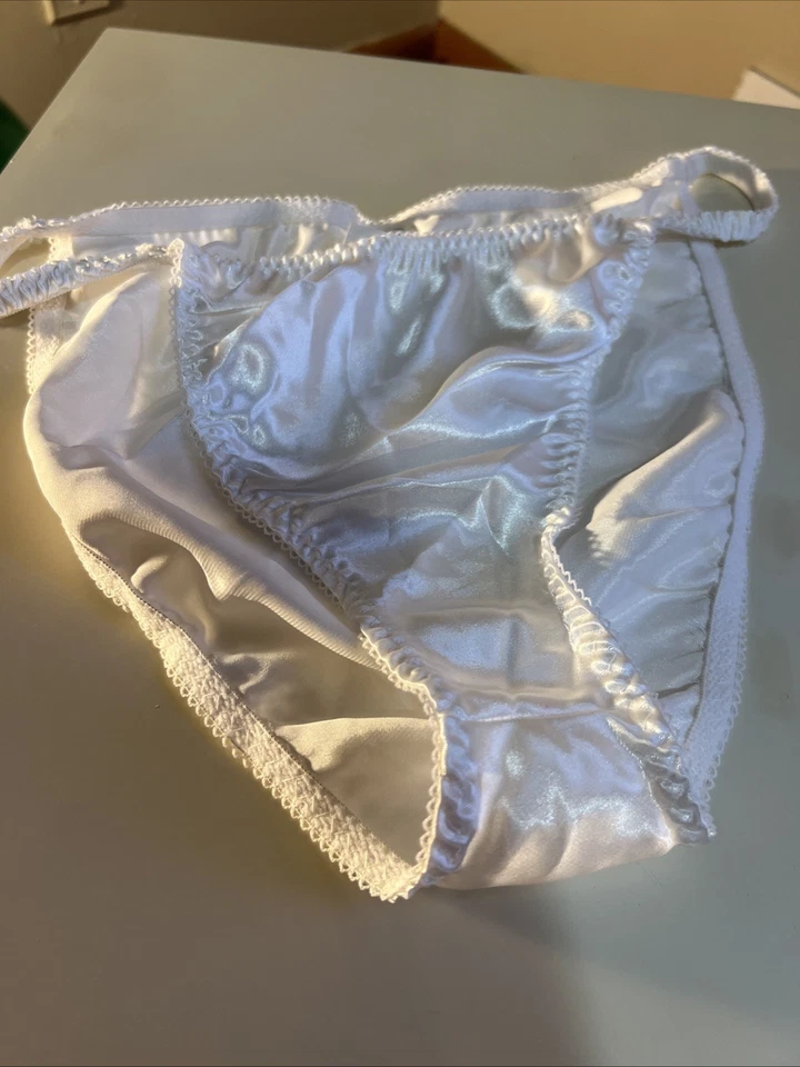Vtg 90s California Dynasty Glossy White Satin String Bikini Panties Medium - Image 2 of 4