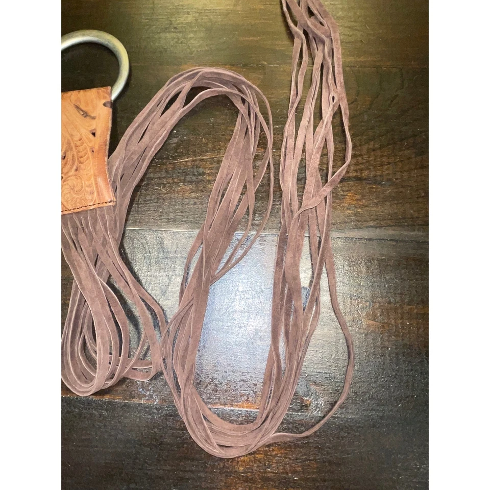 Brown Suede Fringe Belt Western Boho Accent Belt with Metal Ring Buckle - Image 3 of 4
