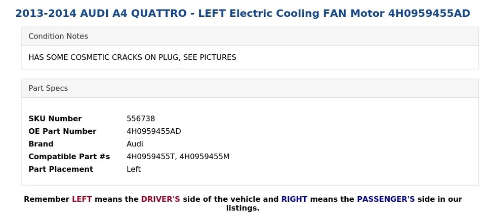 AUDI A4 QUATTRO 2013-2014 - Motor ventilador eléctrico izquierdo 4H0959455AD Foto 4 de 4