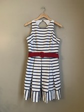 Eliza J Striped Pleated Dress Size 10p Lined Cutout Keyhole Back Nautical Belted