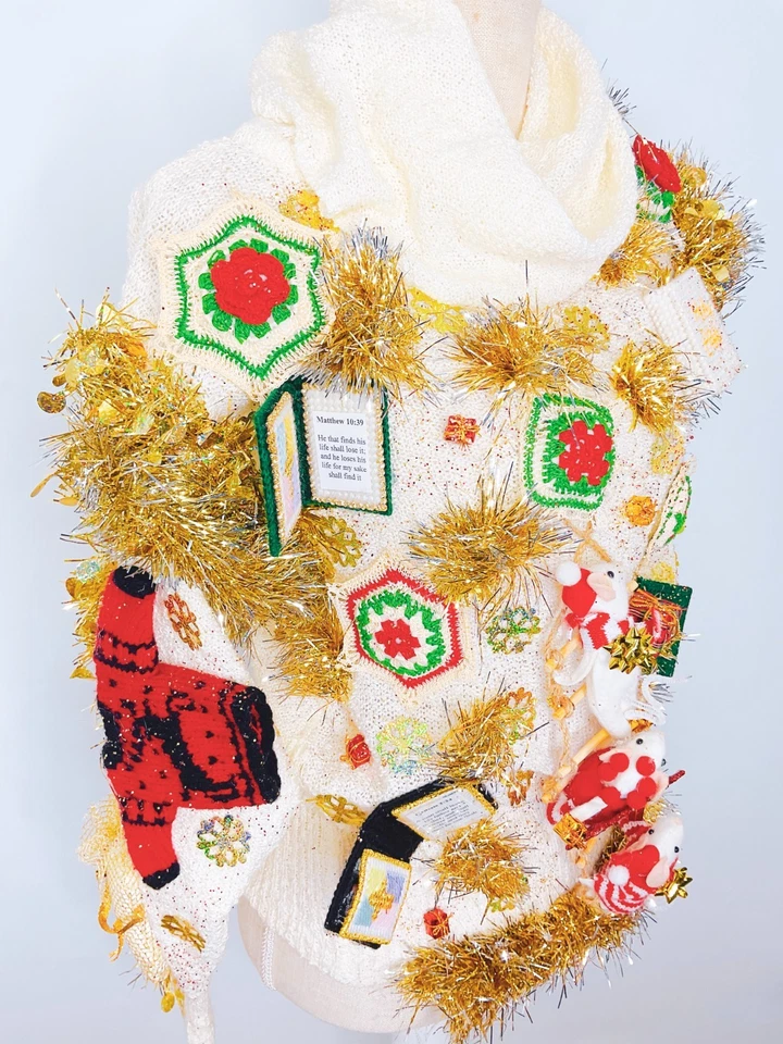 Suéter Feo Navidad Fiesta Divertido Feo De Colección Hecho a Mano Oropel Foto 4 de 4