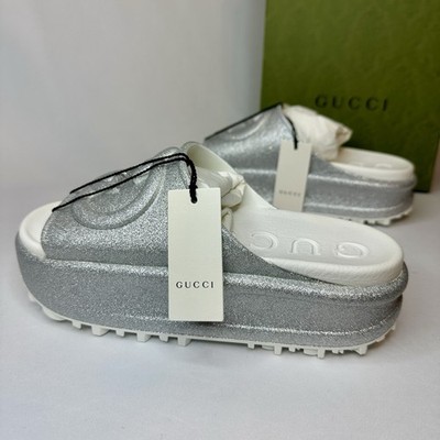 Size 37 - NEW GUCCI Glitter Silver Rubber GG Logo Slides Platform