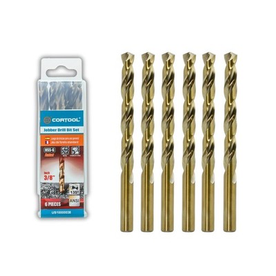 CORTOOL 3/8'' Cobalt Drill Bit Set (6-Pcs) M35 HSS Metal Jobber Length Twist