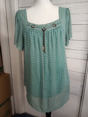 Roz & Ali Women s Top 1X Blue Green Geometric Print Boho Peasant Blouse Lined 