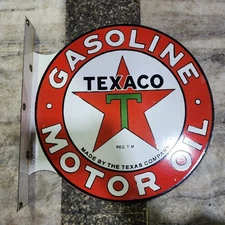 TEXACO GASOLINE FLANGE 2-SIDED PORCELAIN ENAMEL SIGN 17.5 X 17 INCHES