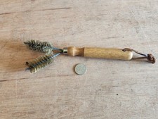 Double Head Wire Brush Brass Tone Bristles Wood Handle Rawhide Strap Vintage