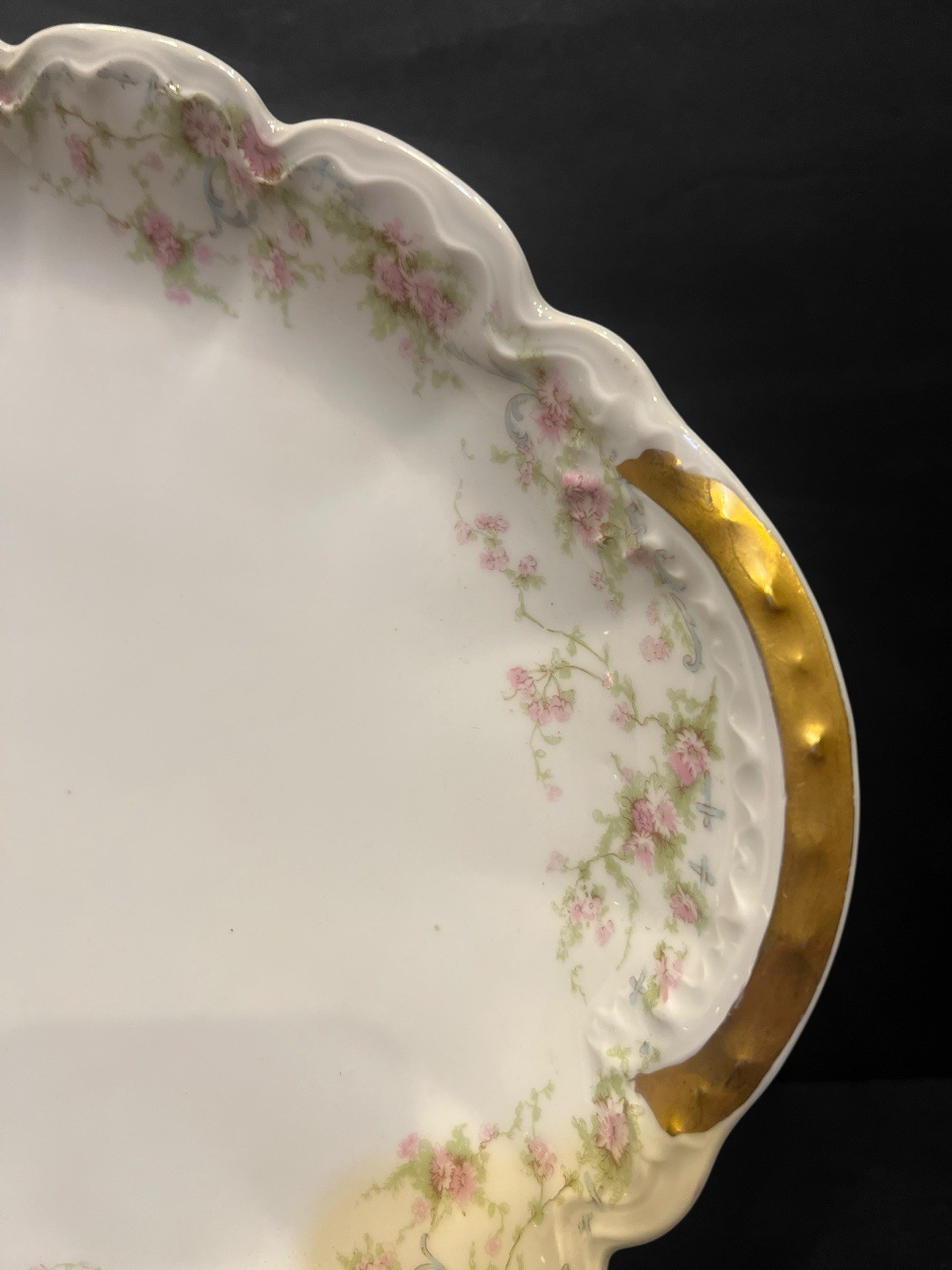 1905 Circa Theodore Haviland Limoges Oval Platter Pink Roses Gold Gilt 16.5x11"