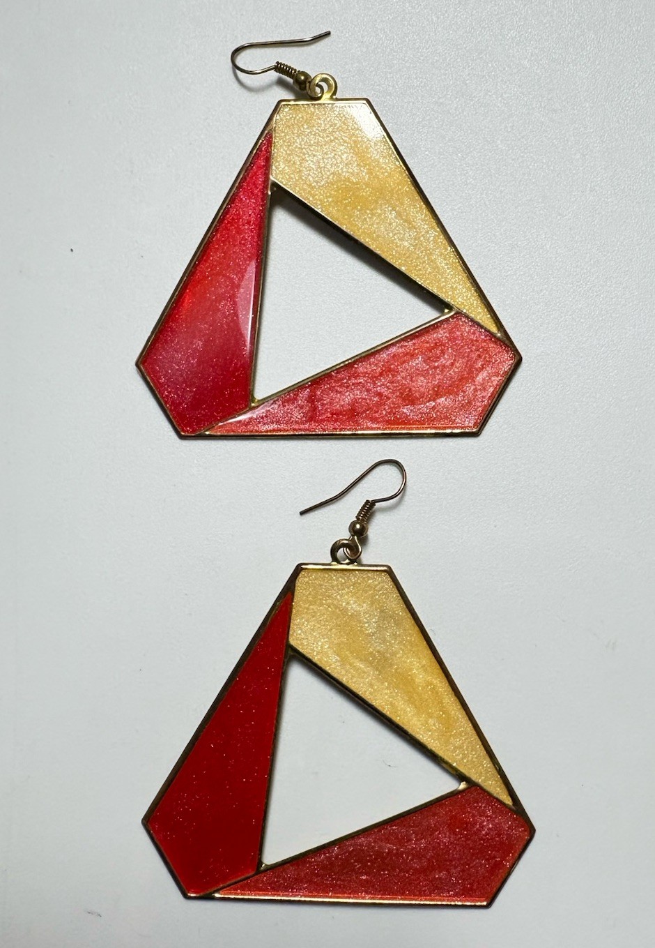 Triangular Shape EARRINGS Red White Gold Retro Ho… - image 1