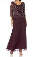J Kara Women's Petite 3/4 Scallop Beaded Pop Over Gown Dress Sweetheart Neck 14P