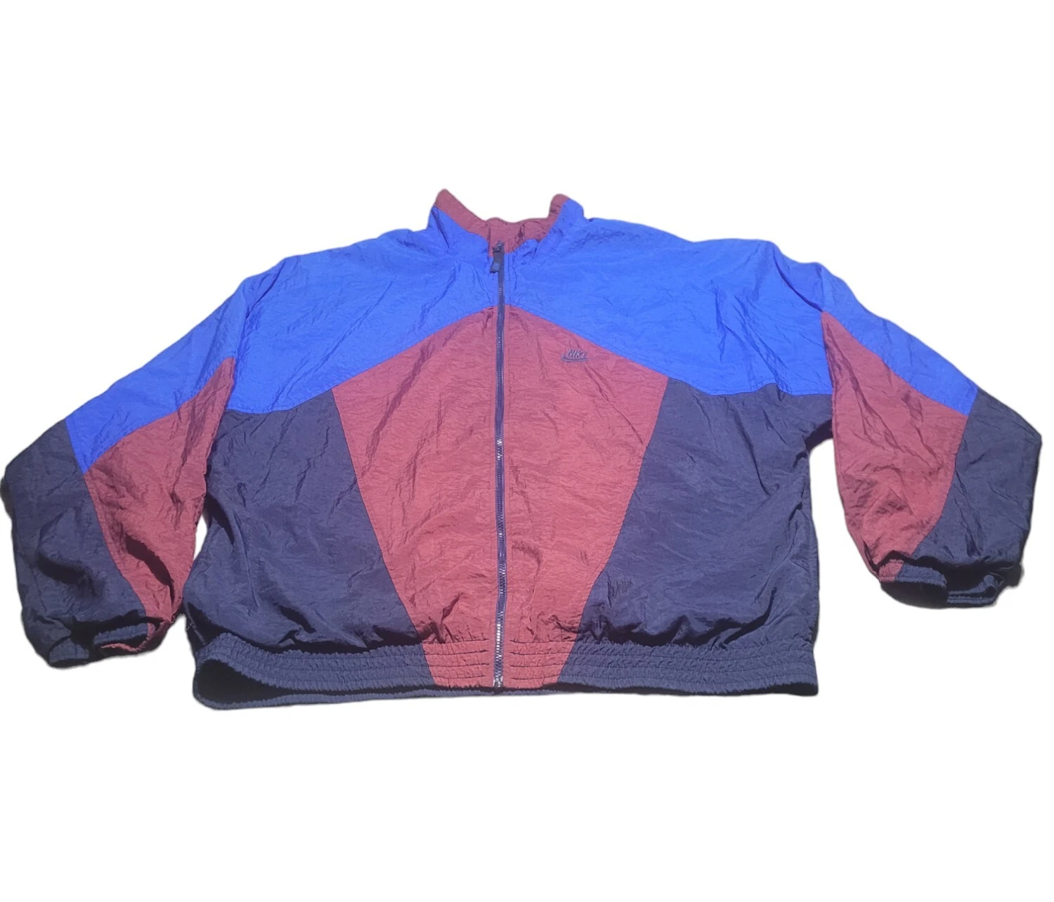 Vintage 90s Nike Mosaic Windbreaker Jacket XL Maroon BLue w/ Poly-Cotton Liner