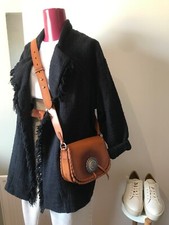 Iro £385 Cauley Black Tweed Effect Jacket With Fringed Edging Tie Belt 36 12-14