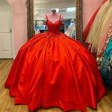 Red Satin Bead Quinceanera Dresses Ball Gown Spaghetti Straps Sweet 15 Dress