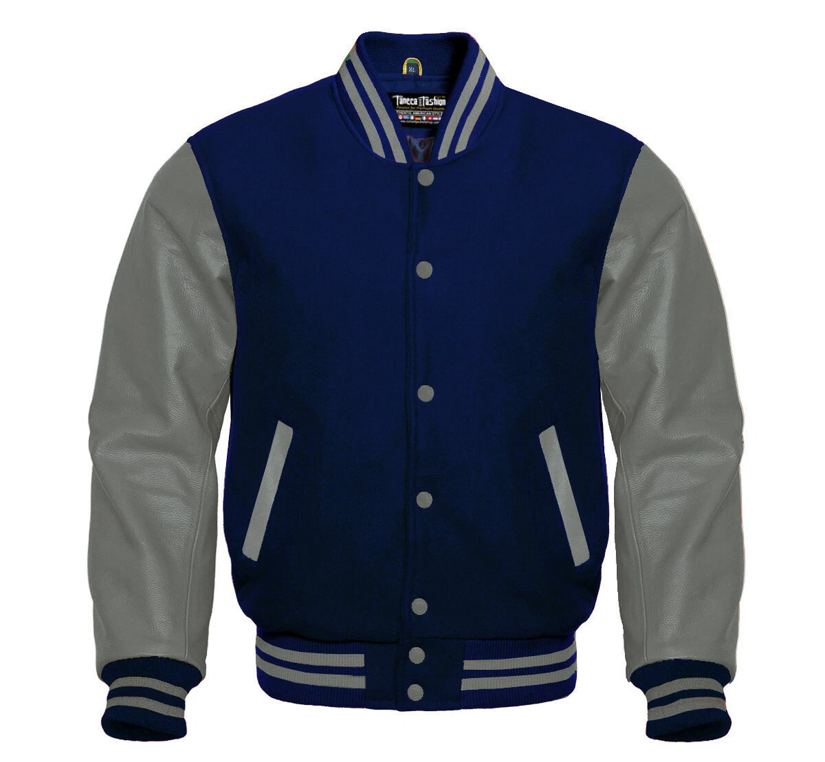 Mens Letterman Basketball Varsity Jacket Navy Wool Grey Leather Sleeves Jacket