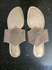 Rene Caovilla Metallic Gold Satin Crystal Bling Slide Sandals Heals 6.5 7 37.5