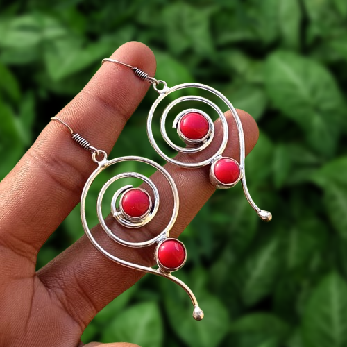 Best Buy Red Coral Gemstone Spin Earring 925 Silver Plated Dangle Drop Jewelry - Picture 2 of 7