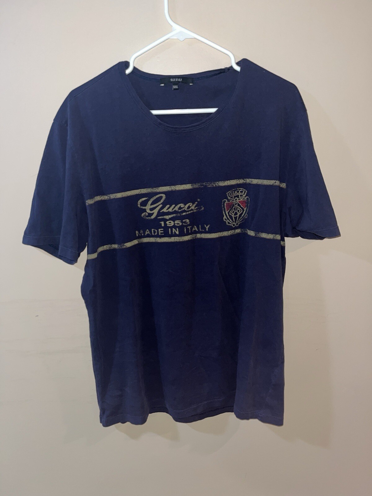 GUCCI 1953 Made in Italy Crest  T Shirt Short Sleeve Dark Blue Fits Like Large