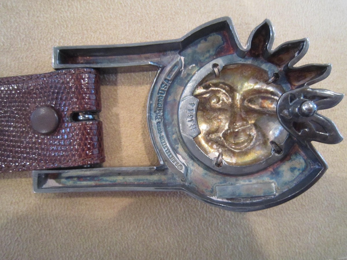 HUGE!! Kieselstein Sterling Celestial Sun Buckle And Black Lizard Belt Size 2 HUGE KIESELSTEIN CORD ART BRONZE CELESTIAL SUN BUCKLE/BROWN  main image 4