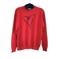 Vtg 90s Women's L Embroidered Mock Neck Pullover Sweatshirt Red Heart Butterfly
