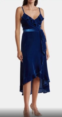 BCBGeneration Ruffle Trim Velvet Wrap Dress In Blue Size M New