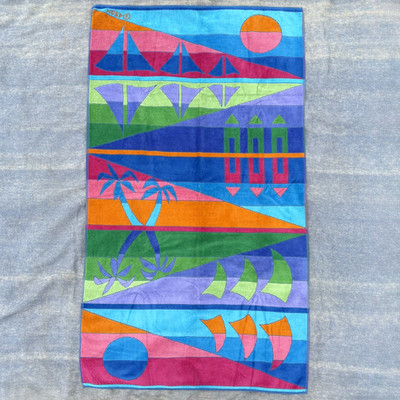 Vtg 90's Terrisol Colorful Sailboats & Palm Trees Oversized Beach Towel 37x66''