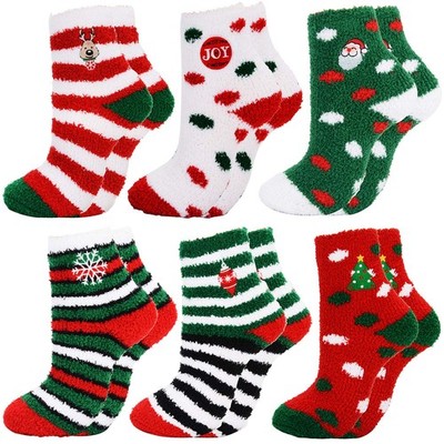 COSYOO Christmas Fuzzy Socks 6 Pairs Cute Coral Fleece One Size, Multicolor 