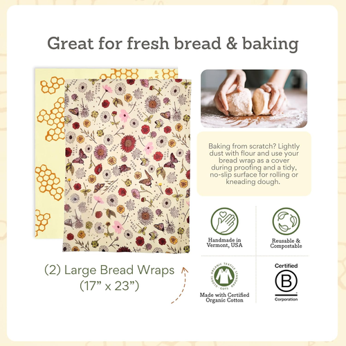 Beeswax Wraps for Food - Pack of 2 Bread Wraps - Meadow Magic & Honeycomb - Plas - Picture 5 of 12