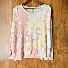 Honeydew Tie Dye Long Sleeve Top, Women's Relaxed Fit Pullover, Pink Yellow