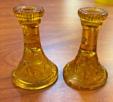 2 -  Amber Glass Candle Holders - Tiara Sandwich Pattern - Indiana Glass Co