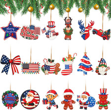 36 Pcs Patriotic Ornaments for Tree, 4Th of July Red White Blue Wooden Decoratio
